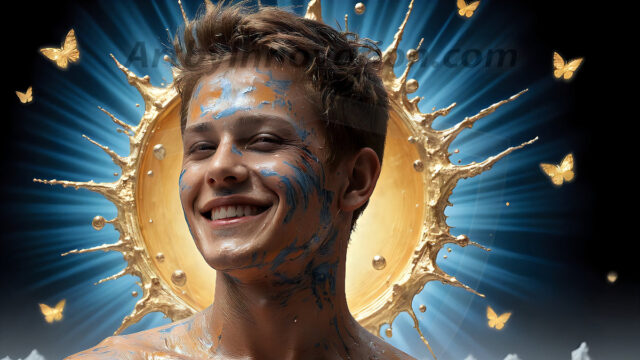 AI-generated abstract art images, featuring sexy, handsome, shirtless men, boys, lads, controlling colorful liquid water. A full-body photograph of a handsome young man with a strong muscular physique, and beautiful eyes. He starts to create a powerful and dynamic swirling vortex of rainbow colored liquid water. The vibrant and colorful water erupts and cascades forward. The fluid is dynamic, multiplying rapidly, and begins to dance in the air. The man, with a playful smile, interacts with the swirling fluids, his hands reaching out to manipulate the circular motion. The scene has a surreal, otherworldly feel, with a dreamlike atmosphere created by volumetric lighting, dramatic shadows, and an impossible color palette.