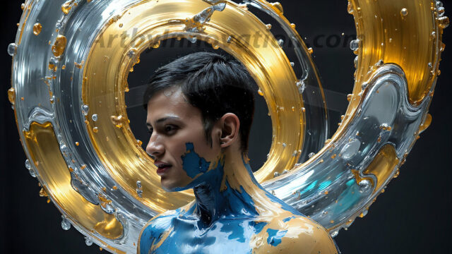 AI-generated abstract art images, featuring sexy, handsome, shirtless men, boys, lads, controlling colorful liquid water. A full-body photograph of a handsome young man with a strong muscular physique, and beautiful eyes. He starts to create a powerful and dynamic swirling vortex of rainbow colored liquid water. The vibrant and colorful water erupts and cascades forward. The fluid is dynamic, multiplying rapidly, and begins to dance in the air. The man, with a playful smile, interacts with the swirling fluids, his hands reaching out to manipulate the circular motion. The scene has a surreal, otherworldly feel, with a dreamlike atmosphere created by volumetric lighting, dramatic shadows, and an impossible color palette.