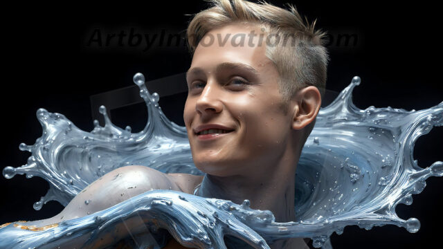 AI-generated abstract art images, featuring sexy, handsome, shirtless men, boys, lads, controlling colorful liquid water. A full-body photograph of a handsome young man with a strong muscular physique, and beautiful eyes. He starts to create a powerful and dynamic swirling vortex of rainbow colored liquid water. The vibrant and colorful water erupts and cascades forward. The fluid is dynamic, multiplying rapidly, and begins to dance in the air. The man, with a playful smile, interacts with the swirling fluids, his hands reaching out to manipulate the circular motion. The scene has a surreal, otherworldly feel, with a dreamlike atmosphere created by volumetric lighting, dramatic shadows, and an impossible color palette.