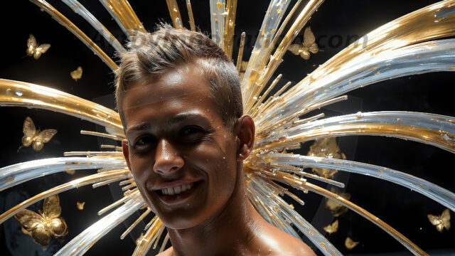 AI-generated abstract art images, featuring sexy, handsome, shirtless men, boys, lads, controlling colorful liquid water. A full-body photograph of a handsome young man with a strong muscular physique, and beautiful eyes. He starts to create a powerful and dynamic swirling vortex of rainbow colored liquid water. The vibrant and colorful water erupts and cascades forward. The fluid is dynamic, multiplying rapidly, and begins to dance in the air. The man, with a playful smile, interacts with the swirling fluids, his hands reaching out to manipulate the circular motion. The scene has a surreal, otherworldly feel, with a dreamlike atmosphere created by volumetric lighting, dramatic shadows, and an impossible color palette.