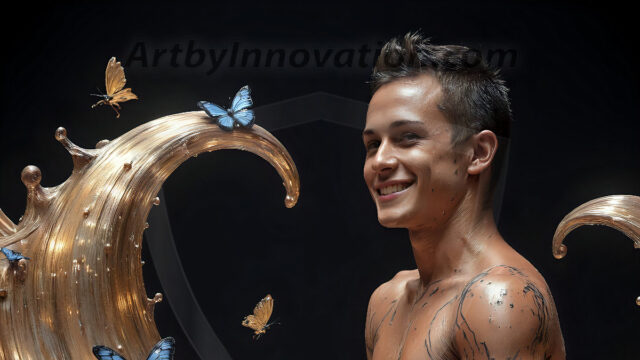 AI-generated abstract art images, featuring sexy, handsome, shirtless men, boys, lads, controlling colorful liquid water. A full-body photograph of a handsome young man with a strong muscular physique, and beautiful eyes. He starts to create a powerful and dynamic swirling vortex of rainbow colored liquid water. The vibrant and colorful water erupts and cascades forward. The fluid is dynamic, multiplying rapidly, and begins to dance in the air. The man, with a playful smile, interacts with the swirling fluids, his hands reaching out to manipulate the circular motion. The scene has a surreal, otherworldly feel, with a dreamlike atmosphere created by volumetric lighting, dramatic shadows, and an impossible color palette.