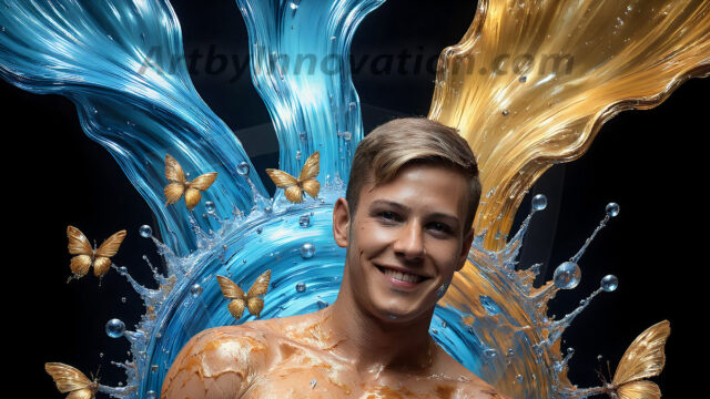 AI-generated abstract art images, featuring sexy, handsome, shirtless men, boys, lads, controlling colorful liquid water. A full-body photograph of a handsome young man with a strong muscular physique, and beautiful eyes. He starts to create a powerful and dynamic swirling vortex of rainbow colored liquid water. The vibrant and colorful water erupts and cascades forward. The fluid is dynamic, multiplying rapidly, and begins to dance in the air. The man, with a playful smile, interacts with the swirling fluids, his hands reaching out to manipulate the circular motion. The scene has a surreal, otherworldly feel, with a dreamlike atmosphere created by volumetric lighting, dramatic shadows, and an impossible color palette.