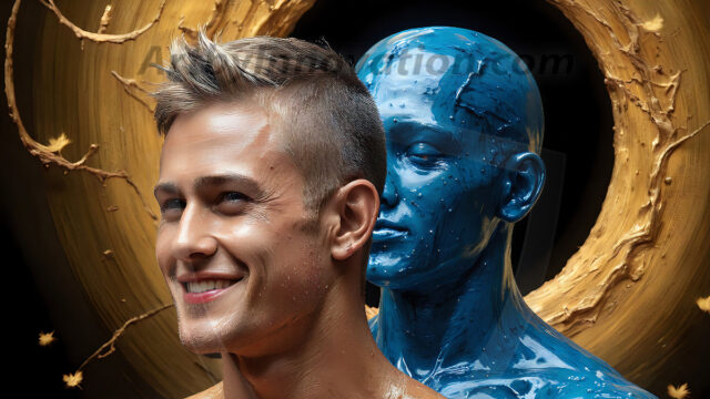 AI-generated abstract art images, featuring sexy, handsome, shirtless men, boys, lads, controlling colorful liquid water. A full-body photograph of a handsome young man with a strong muscular physique, and beautiful eyes. He starts to create a powerful and dynamic swirling vortex of rainbow colored liquid water. The vibrant and colorful water erupts and cascades forward. The fluid is dynamic, multiplying rapidly, and begins to dance in the air. The man, with a playful smile, interacts with the swirling fluids, his hands reaching out to manipulate the circular motion. The scene has a surreal, otherworldly feel, with a dreamlike atmosphere created by volumetric lighting, dramatic shadows, and an impossible color palette.