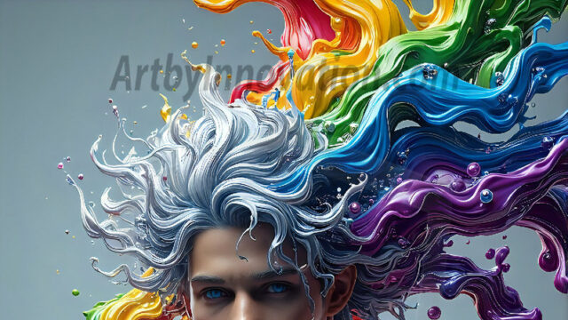 AI-generated abstract art images, featuring sexy, handsome, shirtless men, boys, lads, controlling colorful liquid water. A full-body photograph of a handsome young man with a strong muscular physique, and beautiful eyes. He starts to create a powerful and dynamic swirling vortex of rainbow colored liquid water. The vibrant and colorful water erupts and cascades forward. The fluid is dynamic, multiplying rapidly, and begins to dance in the air. The man, with a playful smile, interacts with the swirling fluids, his hands reaching out to manipulate the circular motion. The scene has a surreal, otherworldly feel, with a dreamlike atmosphere created by volumetric lighting, dramatic shadows, and an impossible color palette.