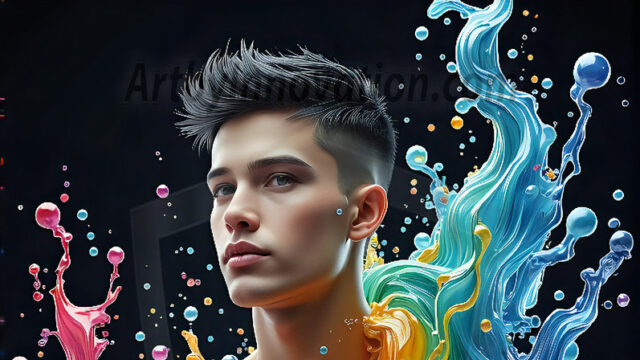 AI-generated abstract art images, featuring sexy, handsome, shirtless men, boys, lads, controlling colorful liquid water. A full-body photograph of a handsome young man with a strong muscular physique, and beautiful eyes. He starts to create a powerful and dynamic swirling vortex of rainbow colored liquid water. The vibrant and colorful water erupts and cascades forward. The fluid is dynamic, multiplying rapidly, and begins to dance in the air. The man, with a playful smile, interacts with the swirling fluids, his hands reaching out to manipulate the circular motion. The scene has a surreal, otherworldly feel, with a dreamlike atmosphere created by volumetric lighting, dramatic shadows, and an impossible color palette.