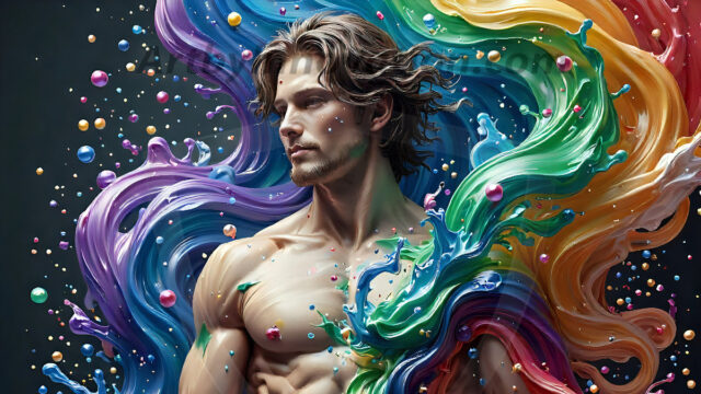 AI-generated abstract art images, featuring sexy, handsome, shirtless men, boys, lads, controlling colorful liquid water. A full-body photograph of a handsome young man with a strong muscular physique, and beautiful eyes. He starts to create a powerful and dynamic swirling vortex of rainbow colored liquid water. The vibrant and colorful water erupts and cascades forward. The fluid is dynamic, multiplying rapidly, and begins to dance in the air. The man, with a playful smile, interacts with the swirling fluids, his hands reaching out to manipulate the circular motion. The scene has a surreal, otherworldly feel, with a dreamlike atmosphere created by volumetric lighting, dramatic shadows, and an impossible color palette.