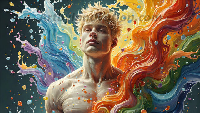 AI-generated abstract art images, featuring sexy, handsome, shirtless men, boys, lads, controlling colorful liquid water. A full-body photograph of a handsome young man with a strong muscular physique, and beautiful eyes. He starts to create a powerful and dynamic swirling vortex of rainbow colored liquid water. The vibrant and colorful water erupts and cascades forward. The fluid is dynamic, multiplying rapidly, and begins to dance in the air. The man, with a playful smile, interacts with the swirling fluids, his hands reaching out to manipulate the circular motion. The scene has a surreal, otherworldly feel, with a dreamlike atmosphere created by volumetric lighting, dramatic shadows, and an impossible color palette.