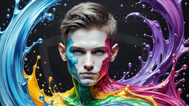 AI-generated abstract art images, featuring sexy, handsome, shirtless men, boys, lads, controlling colorful liquid water. A full-body photograph of a handsome young man with a strong muscular physique, and beautiful eyes. He starts to create a powerful and dynamic swirling vortex of rainbow colored liquid water. The vibrant and colorful water erupts and cascades forward. The fluid is dynamic, multiplying rapidly, and begins to dance in the air. The man, with a playful smile, interacts with the swirling fluids, his hands reaching out to manipulate the circular motion. The scene has a surreal, otherworldly feel, with a dreamlike atmosphere created by volumetric lighting, dramatic shadows, and an impossible color palette.