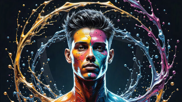 AI-generated abstract art images, featuring sexy, handsome, shirtless men, boys, lads, controlling colorful liquid water. A full-body photograph of a handsome young man with a strong muscular physique, and beautiful eyes. He starts to create a powerful and dynamic swirling vortex of rainbow colored liquid water. The vibrant and colorful water erupts and cascades forward. The fluid is dynamic, multiplying rapidly, and begins to dance in the air. The man, with a playful smile, interacts with the swirling fluids, his hands reaching out to manipulate the circular motion. The scene has a surreal, otherworldly feel, with a dreamlike atmosphere created by volumetric lighting, dramatic shadows, and an impossible color palette.
