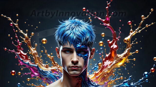 AI-generated abstract art images, featuring sexy, handsome, shirtless men, boys, lads, controlling colorful liquid water. A full-body photograph of a handsome young man with a strong muscular physique, and beautiful eyes. He starts to create a powerful and dynamic swirling vortex of rainbow colored liquid water. The vibrant and colorful water erupts and cascades forward. The fluid is dynamic, multiplying rapidly, and begins to dance in the air. The man, with a playful smile, interacts with the swirling fluids, his hands reaching out to manipulate the circular motion. The scene has a surreal, otherworldly feel, with a dreamlike atmosphere created by volumetric lighting, dramatic shadows, and an impossible color palette.