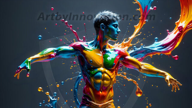 AI-generated abstract art images, featuring sexy, handsome, shirtless men, boys, lads, controlling colorful liquid water. A full-body photograph of a handsome young man with a strong muscular physique, and beautiful eyes. He starts to create a powerful and dynamic swirling vortex of rainbow colored liquid water. The vibrant and colorful water erupts and cascades forward. The fluid is dynamic, multiplying rapidly, and begins to dance in the air. The man, with a playful smile, interacts with the swirling fluids, his hands reaching out to manipulate the circular motion. The scene has a surreal, otherworldly feel, with a dreamlike atmosphere created by volumetric lighting, dramatic shadows, and an impossible color palette.