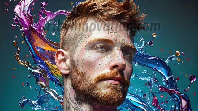 AI-generated abstract art images, featuring sexy, handsome, shirtless men, boys, lads, controlling colorful liquid water. A full-body photograph of a handsome young man with a strong muscular physique, and beautiful eyes. He starts to create a powerful and dynamic swirling vortex of rainbow colored liquid water. The vibrant and colorful water erupts and cascades forward. The fluid is dynamic, multiplying rapidly, and begins to dance in the air. The man, with a playful smile, interacts with the swirling fluids, his hands reaching out to manipulate the circular motion. The scene has a surreal, otherworldly feel, with a dreamlike atmosphere created by volumetric lighting, dramatic shadows, and an impossible color palette.