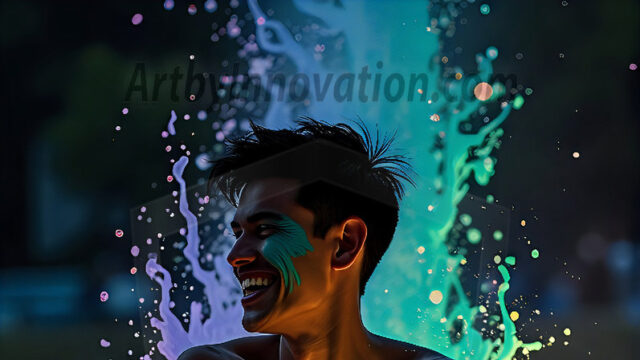 AI-generated abstract art images, featuring sexy, handsome, shirtless men, boys, lads, controlling colorful liquid water. A full-body photograph of a handsome young man with a strong muscular physique, and beautiful eyes. He starts to create a powerful and dynamic swirling vortex of rainbow colored liquid water. The vibrant and colorful water erupts and cascades forward. The fluid is dynamic, multiplying rapidly, and begins to dance in the air. The man, with a playful smile, interacts with the swirling fluids, his hands reaching out to manipulate the circular motion. The scene has a surreal, otherworldly feel, with a dreamlike atmosphere created by volumetric lighting, dramatic shadows, and an impossible color palette.