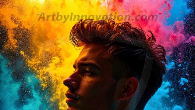 AI-generated abstract art images, featuring sexy, handsome, shirtless men, boys, lads, controlling colorful liquid water. A full-body photograph of a handsome young man with a strong muscular physique, and beautiful eyes. He starts to create a powerful and dynamic swirling vortex of rainbow colored liquid water. The vibrant and colorful water erupts and cascades forward. The fluid is dynamic, multiplying rapidly, and begins to dance in the air. The man, with a playful smile, interacts with the swirling fluids, his hands reaching out to manipulate the circular motion. The scene has a surreal, otherworldly feel, with a dreamlike atmosphere created by volumetric lighting, dramatic shadows, and an impossible color palette.