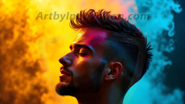 AI-generated abstract art images, featuring sexy, handsome, shirtless men, boys, lads, controlling colorful liquid water. A full-body photograph of a handsome young man with a strong muscular physique, and beautiful eyes. He starts to create a powerful and dynamic swirling vortex of rainbow colored liquid water. The vibrant and colorful water erupts and cascades forward. The fluid is dynamic, multiplying rapidly, and begins to dance in the air. The man, with a playful smile, interacts with the swirling fluids, his hands reaching out to manipulate the circular motion. The scene has a surreal, otherworldly feel, with a dreamlike atmosphere created by volumetric lighting, dramatic shadows, and an impossible color palette.