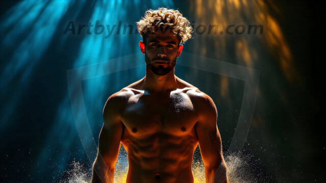 AI-generated abstract art images, featuring sexy, handsome, shirtless men, boys, lads, controlling colorful liquid water. A full-body photograph of a handsome young man with a strong muscular physique, and beautiful eyes. He starts to create a powerful and dynamic swirling vortex of rainbow colored liquid water. The vibrant and colorful water erupts and cascades forward. The fluid is dynamic, multiplying rapidly, and begins to dance in the air. The man, with a playful smile, interacts with the swirling fluids, his hands reaching out to manipulate the circular motion. The scene has a surreal, otherworldly feel, with a dreamlike atmosphere created by volumetric lighting, dramatic shadows, and an impossible color palette.