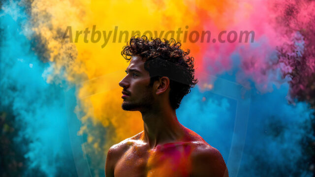 AI-generated abstract art images, featuring sexy, handsome, shirtless men, boys, lads, controlling colorful liquid water. A full-body photograph of a handsome young man with a strong muscular physique, and beautiful eyes. He starts to create a powerful and dynamic swirling vortex of rainbow colored liquid water. The vibrant and colorful water erupts and cascades forward. The fluid is dynamic, multiplying rapidly, and begins to dance in the air. The man, with a playful smile, interacts with the swirling fluids, his hands reaching out to manipulate the circular motion. The scene has a surreal, otherworldly feel, with a dreamlike atmosphere created by volumetric lighting, dramatic shadows, and an impossible color palette.