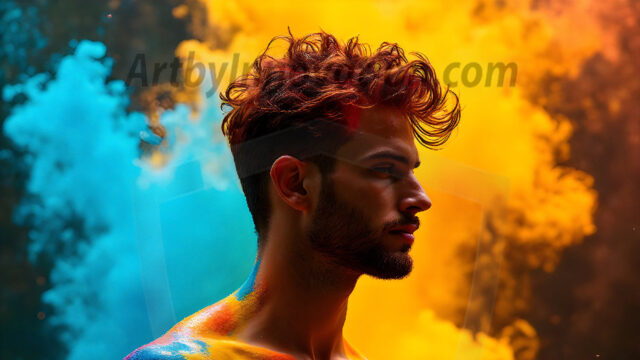 AI-generated abstract art images, featuring sexy, handsome, shirtless men, boys, lads, controlling colorful liquid water. A full-body photograph of a handsome young man with a strong muscular physique, and beautiful eyes. He starts to create a powerful and dynamic swirling vortex of rainbow colored liquid water. The vibrant and colorful water erupts and cascades forward. The fluid is dynamic, multiplying rapidly, and begins to dance in the air. The man, with a playful smile, interacts with the swirling fluids, his hands reaching out to manipulate the circular motion. The scene has a surreal, otherworldly feel, with a dreamlike atmosphere created by volumetric lighting, dramatic shadows, and an impossible color palette.