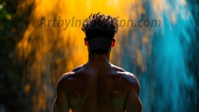 AI-generated abstract art images, featuring sexy, handsome, shirtless men, boys, lads, controlling colorful liquid water. A full-body photograph of a handsome young man with a strong muscular physique, and beautiful eyes. He starts to create a powerful and dynamic swirling vortex of rainbow colored liquid water. The vibrant and colorful water erupts and cascades forward. The fluid is dynamic, multiplying rapidly, and begins to dance in the air. The man, with a playful smile, interacts with the swirling fluids, his hands reaching out to manipulate the circular motion. The scene has a surreal, otherworldly feel, with a dreamlike atmosphere created by volumetric lighting, dramatic shadows, and an impossible color palette.