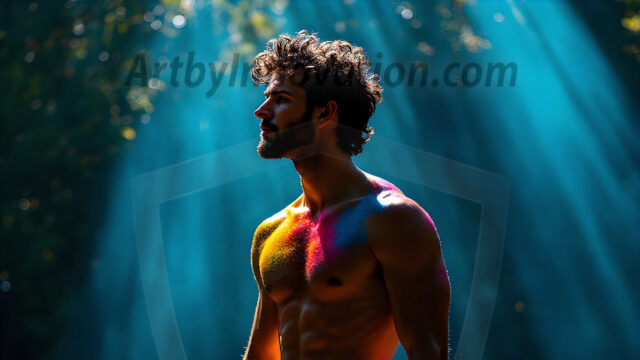 AI-generated abstract art images, featuring sexy, handsome, shirtless men, boys, lads, controlling colorful liquid water. A full-body photograph of a handsome young man with a strong muscular physique, and beautiful eyes. He starts to create a powerful and dynamic swirling vortex of rainbow colored liquid water. The vibrant and colorful water erupts and cascades forward. The fluid is dynamic, multiplying rapidly, and begins to dance in the air. The man, with a playful smile, interacts with the swirling fluids, his hands reaching out to manipulate the circular motion. The scene has a surreal, otherworldly feel, with a dreamlike atmosphere created by volumetric lighting, dramatic shadows, and an impossible color palette.