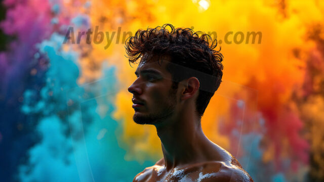 AI-generated abstract art images, featuring sexy, handsome, shirtless men, boys, lads, controlling colorful liquid water. A full-body photograph of a handsome young man with a strong muscular physique, and beautiful eyes. He starts to create a powerful and dynamic swirling vortex of rainbow colored liquid water. The vibrant and colorful water erupts and cascades forward. The fluid is dynamic, multiplying rapidly, and begins to dance in the air. The man, with a playful smile, interacts with the swirling fluids, his hands reaching out to manipulate the circular motion. The scene has a surreal, otherworldly feel, with a dreamlike atmosphere created by volumetric lighting, dramatic shadows, and an impossible color palette.