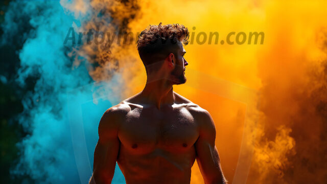 AI-generated abstract art images, featuring sexy, handsome, shirtless men, boys, lads, controlling colorful liquid water. A full-body photograph of a handsome young man with a strong muscular physique, and beautiful eyes. He starts to create a powerful and dynamic swirling vortex of rainbow colored liquid water. The vibrant and colorful water erupts and cascades forward. The fluid is dynamic, multiplying rapidly, and begins to dance in the air. The man, with a playful smile, interacts with the swirling fluids, his hands reaching out to manipulate the circular motion. The scene has a surreal, otherworldly feel, with a dreamlike atmosphere created by volumetric lighting, dramatic shadows, and an impossible color palette.
