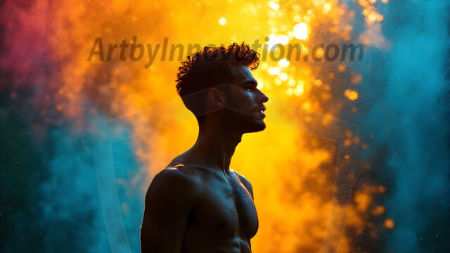 AI-generated abstract art images, featuring sexy, handsome, shirtless men, boys, lads, controlling colorful liquid water. A full-body photograph of a handsome young man with a strong muscular physique, and beautiful eyes. He starts to create a powerful and dynamic swirling vortex of rainbow colored liquid water. The vibrant and colorful water erupts and cascades forward. The fluid is dynamic, multiplying rapidly, and begins to dance in the air. The man, with a playful smile, interacts with the swirling fluids, his hands reaching out to manipulate the circular motion. The scene has a surreal, otherworldly feel, with a dreamlike atmosphere created by volumetric lighting, dramatic shadows, and an impossible color palette.