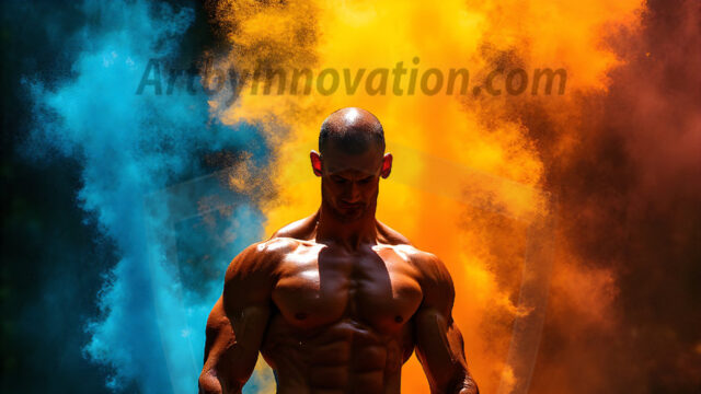 AI-generated abstract art images, featuring sexy, handsome, shirtless men, boys, lads, controlling colorful liquid water. A full-body photograph of a handsome young man with a strong muscular physique, and beautiful eyes. He starts to create a powerful and dynamic swirling vortex of rainbow colored liquid water. The vibrant and colorful water erupts and cascades forward. The fluid is dynamic, multiplying rapidly, and begins to dance in the air. The man, with a playful smile, interacts with the swirling fluids, his hands reaching out to manipulate the circular motion. The scene has a surreal, otherworldly feel, with a dreamlike atmosphere created by volumetric lighting, dramatic shadows, and an impossible color palette.