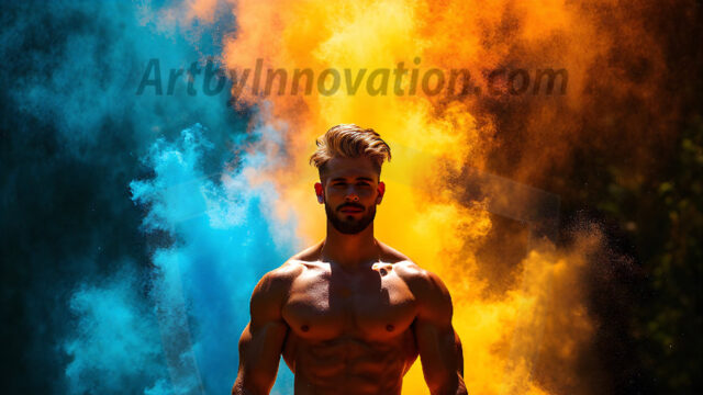 AI-generated abstract art images, featuring sexy, handsome, shirtless men, boys, lads, controlling colorful liquid water. A full-body photograph of a handsome young man with a strong muscular physique, and beautiful eyes. He starts to create a powerful and dynamic swirling vortex of rainbow colored liquid water. The vibrant and colorful water erupts and cascades forward. The fluid is dynamic, multiplying rapidly, and begins to dance in the air. The man, with a playful smile, interacts with the swirling fluids, his hands reaching out to manipulate the circular motion. The scene has a surreal, otherworldly feel, with a dreamlike atmosphere created by volumetric lighting, dramatic shadows, and an impossible color palette.
