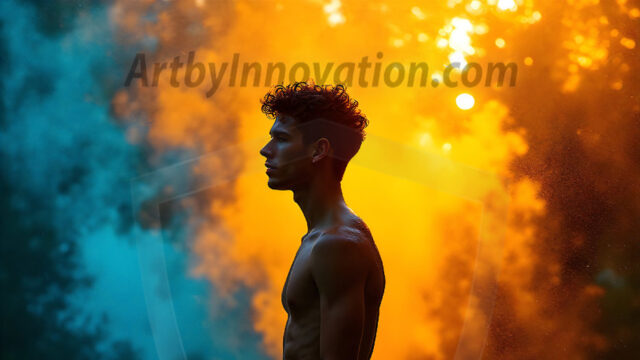 AI-generated abstract art images, featuring sexy, handsome, shirtless men, boys, lads, controlling colorful liquid water. A full-body photograph of a handsome young man with a strong muscular physique, and beautiful eyes. He starts to create a powerful and dynamic swirling vortex of rainbow colored liquid water. The vibrant and colorful water erupts and cascades forward. The fluid is dynamic, multiplying rapidly, and begins to dance in the air. The man, with a playful smile, interacts with the swirling fluids, his hands reaching out to manipulate the circular motion. The scene has a surreal, otherworldly feel, with a dreamlike atmosphere created by volumetric lighting, dramatic shadows, and an impossible color palette.