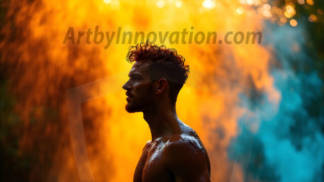 AI-generated abstract art images, featuring sexy, handsome, shirtless men, boys, lads, controlling colorful liquid water. A full-body photograph of a handsome young man with a strong muscular physique, and beautiful eyes. He starts to create a powerful and dynamic swirling vortex of rainbow colored liquid water. The vibrant and colorful water erupts and cascades forward. The fluid is dynamic, multiplying rapidly, and begins to dance in the air. The man, with a playful smile, interacts with the swirling fluids, his hands reaching out to manipulate the circular motion. The scene has a surreal, otherworldly feel, with a dreamlike atmosphere created by volumetric lighting, dramatic shadows, and an impossible color palette.