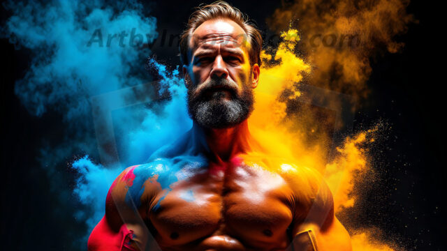 AI-generated abstract art images, featuring sexy, handsome, shirtless men, boys, lads, controlling colorful liquid water. A full-body photograph of a handsome young man with a strong muscular physique, and beautiful eyes. He starts to create a powerful and dynamic swirling vortex of rainbow colored liquid water. The vibrant and colorful water erupts and cascades forward. The fluid is dynamic, multiplying rapidly, and begins to dance in the air. The man, with a playful smile, interacts with the swirling fluids, his hands reaching out to manipulate the circular motion. The scene has a surreal, otherworldly feel, with a dreamlike atmosphere created by volumetric lighting, dramatic shadows, and an impossible color palette.