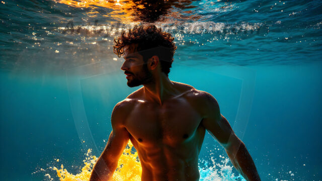 AI-generated abstract art images, featuring sexy, handsome, shirtless men, boys, lads, controlling colorful liquid water. A full-body photograph of a handsome young man with a strong muscular physique, and beautiful eyes. He starts to create a powerful and dynamic swirling vortex of rainbow colored liquid water. The vibrant and colorful water erupts and cascades forward. The fluid is dynamic, multiplying rapidly, and begins to dance in the air. The man, with a playful smile, interacts with the swirling fluids, his hands reaching out to manipulate the circular motion. The scene has a surreal, otherworldly feel, with a dreamlike atmosphere created by volumetric lighting, dramatic shadows, and an impossible color palette.