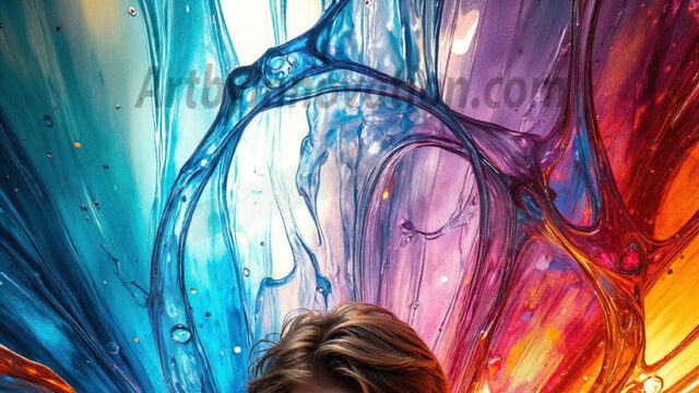 AI-generated abstract art images, featuring sexy, handsome, shirtless men, boys, lads, controlling colorful liquid water. A full-body photograph of a handsome young man with a strong muscular physique, and beautiful eyes. He starts to create a powerful and dynamic swirling vortex of rainbow colored liquid water. The vibrant and colorful water erupts and cascades forward. The fluid is dynamic, multiplying rapidly, and begins to dance in the air. The man, with a playful smile, interacts with the swirling fluids, his hands reaching out to manipulate the circular motion. The scene has a surreal, otherworldly feel, with a dreamlike atmosphere created by volumetric lighting, dramatic shadows, and an impossible color palette.