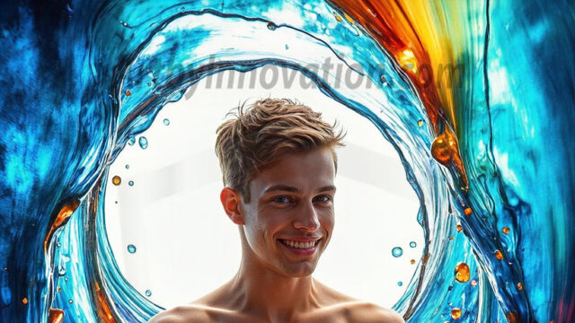 AI-generated abstract art images, featuring sexy, handsome, shirtless men, boys, lads, controlling colorful liquid water. A full-body photograph of a handsome young man with a strong muscular physique, and beautiful eyes. He starts to create a powerful and dynamic swirling vortex of rainbow colored liquid water. The vibrant and colorful water erupts and cascades forward. The fluid is dynamic, multiplying rapidly, and begins to dance in the air. The man, with a playful smile, interacts with the swirling fluids, his hands reaching out to manipulate the circular motion. The scene has a surreal, otherworldly feel, with a dreamlike atmosphere created by volumetric lighting, dramatic shadows, and an impossible color palette.