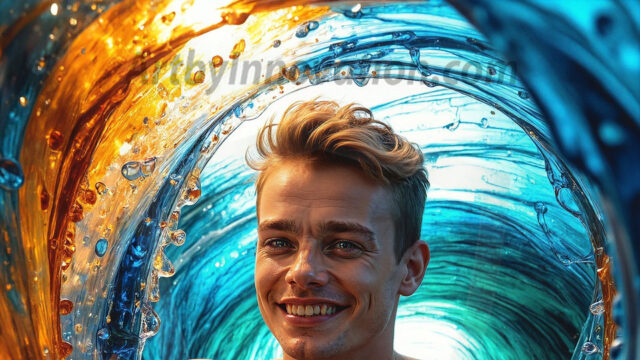 AI-generated abstract art images, featuring sexy, handsome, shirtless men, boys, lads, controlling colorful liquid water. A full-body photograph of a handsome young man with a strong muscular physique, and beautiful eyes. He starts to create a powerful and dynamic swirling vortex of rainbow colored liquid water. The vibrant and colorful water erupts and cascades forward. The fluid is dynamic, multiplying rapidly, and begins to dance in the air. The man, with a playful smile, interacts with the swirling fluids, his hands reaching out to manipulate the circular motion. The scene has a surreal, otherworldly feel, with a dreamlike atmosphere created by volumetric lighting, dramatic shadows, and an impossible color palette.