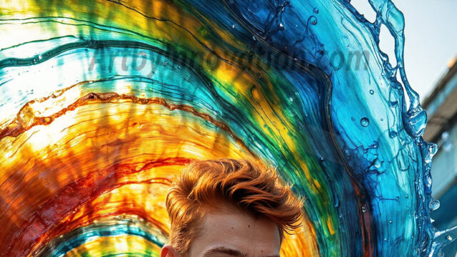 AI-generated abstract art images, featuring sexy, handsome, shirtless men, boys, lads, controlling colorful liquid water. A full-body photograph of a handsome young man with a strong muscular physique, and beautiful eyes. He starts to create a powerful and dynamic swirling vortex of rainbow colored liquid water. The vibrant and colorful water erupts and cascades forward. The fluid is dynamic, multiplying rapidly, and begins to dance in the air. The man, with a playful smile, interacts with the swirling fluids, his hands reaching out to manipulate the circular motion. The scene has a surreal, otherworldly feel, with a dreamlike atmosphere created by volumetric lighting, dramatic shadows, and an impossible color palette.