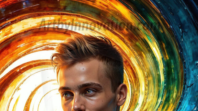 AI-generated abstract art images, featuring sexy, handsome, shirtless men, boys, lads, controlling colorful liquid water. A full-body photograph of a handsome young man with a strong muscular physique, and beautiful eyes. He starts to create a powerful and dynamic swirling vortex of rainbow colored liquid water. The vibrant and colorful water erupts and cascades forward. The fluid is dynamic, multiplying rapidly, and begins to dance in the air. The man, with a playful smile, interacts with the swirling fluids, his hands reaching out to manipulate the circular motion. The scene has a surreal, otherworldly feel, with a dreamlike atmosphere created by volumetric lighting, dramatic shadows, and an impossible color palette.