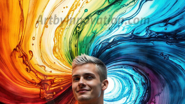 AI-generated abstract art images, featuring sexy, handsome, shirtless men, boys, lads, controlling colorful liquid water. A full-body photograph of a handsome young man with a strong muscular physique, and beautiful eyes. He starts to create a powerful and dynamic swirling vortex of rainbow colored liquid water. The vibrant and colorful water erupts and cascades forward. The fluid is dynamic, multiplying rapidly, and begins to dance in the air. The man, with a playful smile, interacts with the swirling fluids, his hands reaching out to manipulate the circular motion. The scene has a surreal, otherworldly feel, with a dreamlike atmosphere created by volumetric lighting, dramatic shadows, and an impossible color palette.