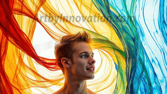 AI-generated abstract art images, featuring sexy, handsome, shirtless men, boys, lads, controlling colorful liquid water. A full-body photograph of a handsome young man with a strong muscular physique, and beautiful eyes. He starts to create a powerful and dynamic swirling vortex of rainbow colored liquid water. The vibrant and colorful water erupts and cascades forward. The fluid is dynamic, multiplying rapidly, and begins to dance in the air. The man, with a playful smile, interacts with the swirling fluids, his hands reaching out to manipulate the circular motion. The scene has a surreal, otherworldly feel, with a dreamlike atmosphere created by volumetric lighting, dramatic shadows, and an impossible color palette.