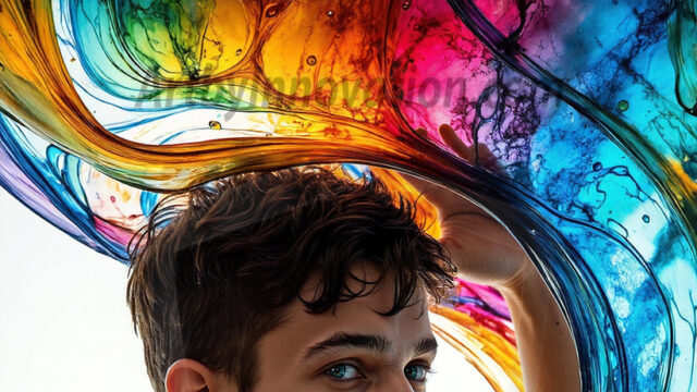 AI-generated abstract art images, featuring sexy, handsome, shirtless men, boys, lads, controlling colorful liquid water. A full-body photograph of a handsome young man with a strong muscular physique, and beautiful eyes. He starts to create a powerful and dynamic swirling vortex of rainbow colored liquid water. The vibrant and colorful water erupts and cascades forward. The fluid is dynamic, multiplying rapidly, and begins to dance in the air. The man, with a playful smile, interacts with the swirling fluids, his hands reaching out to manipulate the circular motion. The scene has a surreal, otherworldly feel, with a dreamlike atmosphere created by volumetric lighting, dramatic shadows, and an impossible color palette.