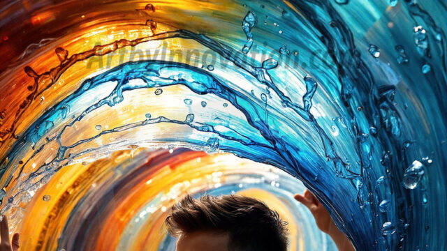 AI-generated abstract art images, featuring sexy, handsome, shirtless men, boys, lads, controlling colorful liquid water. A full-body photograph of a handsome young man with a strong muscular physique, and beautiful eyes. He starts to create a powerful and dynamic swirling vortex of rainbow colored liquid water. The vibrant and colorful water erupts and cascades forward. The fluid is dynamic, multiplying rapidly, and begins to dance in the air. The man, with a playful smile, interacts with the swirling fluids, his hands reaching out to manipulate the circular motion. The scene has a surreal, otherworldly feel, with a dreamlike atmosphere created by volumetric lighting, dramatic shadows, and an impossible color palette.