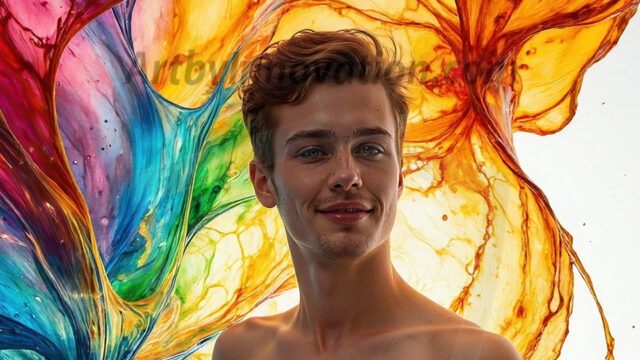 AI-generated abstract art images, featuring sexy, handsome, shirtless men, boys, lads, controlling colorful liquid water. A full-body photograph of a handsome young man with a strong muscular physique, and beautiful eyes. He starts to create a powerful and dynamic swirling vortex of rainbow colored liquid water. The vibrant and colorful water erupts and cascades forward. The fluid is dynamic, multiplying rapidly, and begins to dance in the air. The man, with a playful smile, interacts with the swirling fluids, his hands reaching out to manipulate the circular motion. The scene has a surreal, otherworldly feel, with a dreamlike atmosphere created by volumetric lighting, dramatic shadows, and an impossible color palette.