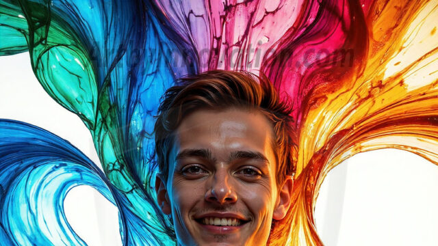 AI-generated abstract art images, featuring sexy, handsome, shirtless men, boys, lads, controlling colorful liquid water. A full-body photograph of a handsome young man with a strong muscular physique, and beautiful eyes. He starts to create a powerful and dynamic swirling vortex of rainbow colored liquid water. The vibrant and colorful water erupts and cascades forward. The fluid is dynamic, multiplying rapidly, and begins to dance in the air. The man, with a playful smile, interacts with the swirling fluids, his hands reaching out to manipulate the circular motion. The scene has a surreal, otherworldly feel, with a dreamlike atmosphere created by volumetric lighting, dramatic shadows, and an impossible color palette.