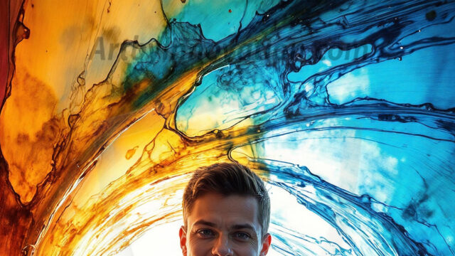 AI-generated abstract art images, featuring sexy, handsome, shirtless men, boys, lads, controlling colorful liquid water. A full-body photograph of a handsome young man with a strong muscular physique, and beautiful eyes. He starts to create a powerful and dynamic swirling vortex of rainbow colored liquid water. The vibrant and colorful water erupts and cascades forward. The fluid is dynamic, multiplying rapidly, and begins to dance in the air. The man, with a playful smile, interacts with the swirling fluids, his hands reaching out to manipulate the circular motion. The scene has a surreal, otherworldly feel, with a dreamlike atmosphere created by volumetric lighting, dramatic shadows, and an impossible color palette.