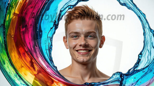 AI-generated abstract art images, featuring sexy, handsome, shirtless men, boys, lads, controlling colorful liquid water. A full-body photograph of a handsome young man with a strong muscular physique, and beautiful eyes. He starts to create a powerful and dynamic swirling vortex of rainbow colored liquid water. The vibrant and colorful water erupts and cascades forward. The fluid is dynamic, multiplying rapidly, and begins to dance in the air. The man, with a playful smile, interacts with the swirling fluids, his hands reaching out to manipulate the circular motion. The scene has a surreal, otherworldly feel, with a dreamlike atmosphere created by volumetric lighting, dramatic shadows, and an impossible color palette.