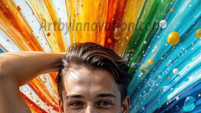 AI-generated abstract art images, featuring sexy, handsome, shirtless men, boys, lads, controlling colorful liquid water. A full-body photograph of a handsome young man with a strong muscular physique, and beautiful eyes. He starts to create a powerful and dynamic swirling vortex of rainbow colored liquid water. The vibrant and colorful water erupts and cascades forward. The fluid is dynamic, multiplying rapidly, and begins to dance in the air. The man, with a playful smile, interacts with the swirling fluids, his hands reaching out to manipulate the circular motion. The scene has a surreal, otherworldly feel, with a dreamlike atmosphere created by volumetric lighting, dramatic shadows, and an impossible color palette.