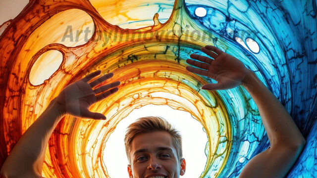 AI-generated abstract art images, featuring sexy, handsome, shirtless men, boys, lads, controlling colorful liquid water. A full-body photograph of a handsome young man with a strong muscular physique, and beautiful eyes. He starts to create a powerful and dynamic swirling vortex of rainbow colored liquid water. The vibrant and colorful water erupts and cascades forward. The fluid is dynamic, multiplying rapidly, and begins to dance in the air. The man, with a playful smile, interacts with the swirling fluids, his hands reaching out to manipulate the circular motion. The scene has a surreal, otherworldly feel, with a dreamlike atmosphere created by volumetric lighting, dramatic shadows, and an impossible color palette.