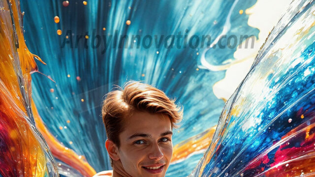 AI-generated abstract art images, featuring sexy, handsome, shirtless men, boys, lads, controlling colorful liquid water. A full-body photograph of a handsome young man with a strong muscular physique, and beautiful eyes. He starts to create a powerful and dynamic swirling vortex of rainbow colored liquid water. The vibrant and colorful water erupts and cascades forward. The fluid is dynamic, multiplying rapidly, and begins to dance in the air. The man, with a playful smile, interacts with the swirling fluids, his hands reaching out to manipulate the circular motion. The scene has a surreal, otherworldly feel, with a dreamlike atmosphere created by volumetric lighting, dramatic shadows, and an impossible color palette.