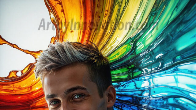 AI-generated abstract art images, featuring sexy, handsome, shirtless men, boys, lads, controlling colorful liquid water. A full-body photograph of a handsome young man with a strong muscular physique, and beautiful eyes. He starts to create a powerful and dynamic swirling vortex of rainbow colored liquid water. The vibrant and colorful water erupts and cascades forward. The fluid is dynamic, multiplying rapidly, and begins to dance in the air. The man, with a playful smile, interacts with the swirling fluids, his hands reaching out to manipulate the circular motion. The scene has a surreal, otherworldly feel, with a dreamlike atmosphere created by volumetric lighting, dramatic shadows, and an impossible color palette.